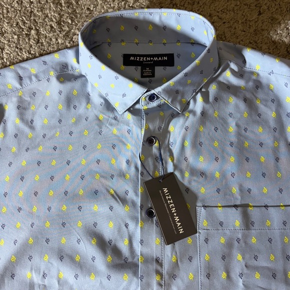 Mizzen+Main Other - Mizzen Main Shirt Mens M Leeward Blue Yellow Leaf Performance Fabric Office